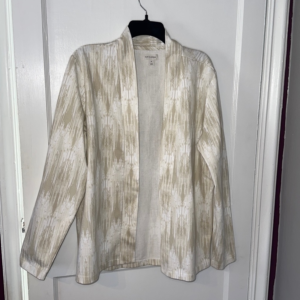 Sun + Stone Men’s Open Front Cardigan White and Beige Size Medium
